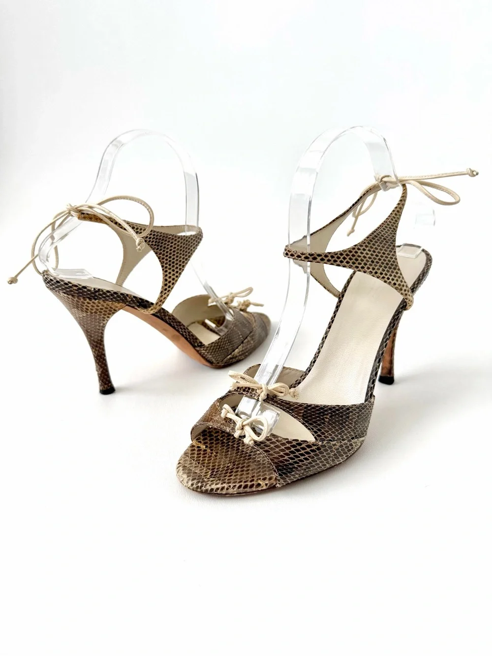 GUCCI | Vintage Snakeskin Bow Ankle Tie Stiletto Sandal Heels Brown Size 8.5B